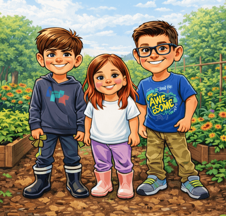 Kaelan, Micah, and Madelyn tending seedlings at Sunrise Seedlings nursery in Quispamsis, NB